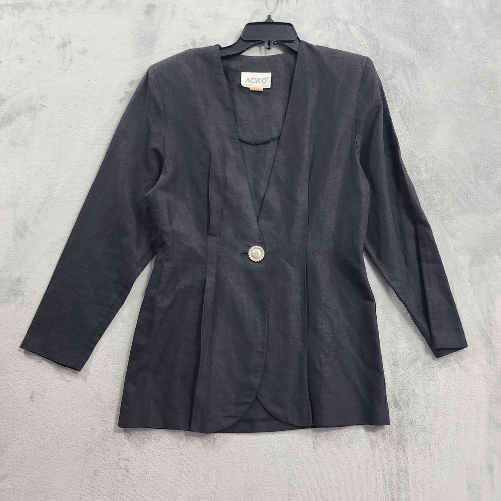 Vintage ACKO International Blazer Womens 6 Black Linen Cotton Single Button